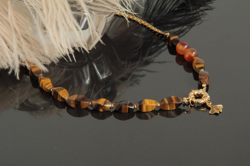 Колье-цепочка позолота с натуральным камнем (соколинный глаз) и подвеской "Доменика" 2436183 фото