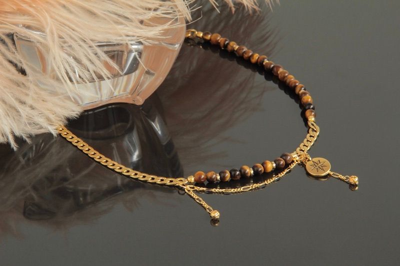 Чокер-цепочка позолота с натуральным камнем (соколинный глаз) и подвесками "Лучиана" 2436184 фото