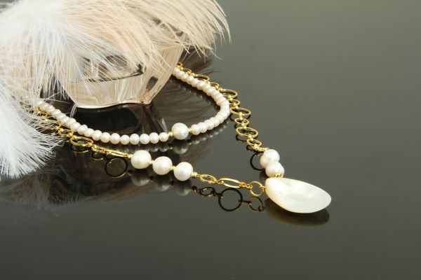 Багатошарове кольє-ланцюжок з перлами та перламутром "Жаклін" 1472 фото