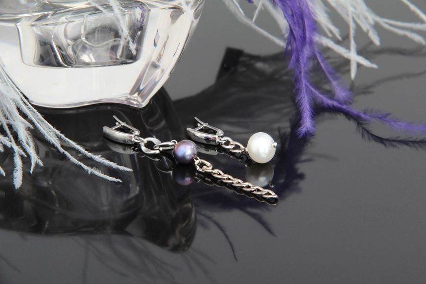 Сережки-ланцюжки родовані асиметричні з натуральними перлами "Джулі" 2436190 фото