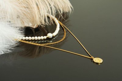 Багатошарове кольє-ланцюжок з позолотою та перлами "Леонела-Плюс" 1476 фото