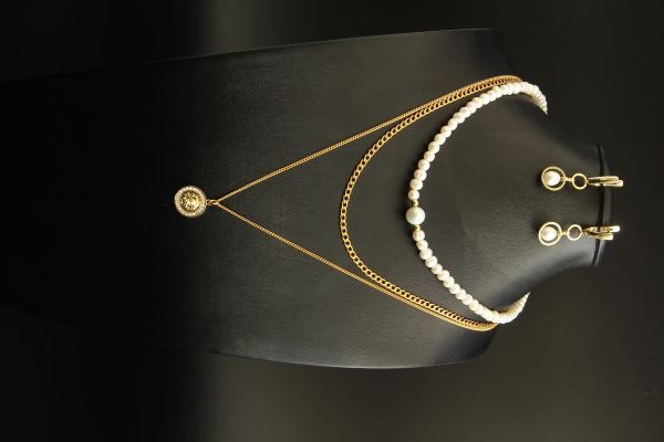 Багатошарове кольє-ланцюжок з позолотою та перлами "Леонела-Плюс" 1476 фото
