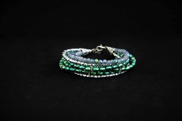 Браслет багатошаровий з натуральними зеленими перлами "Краплі малахіту" 1061 фото