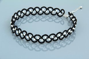 Чокер мереживний ажурний чорний плетений з білими перлинами "Краплинка" 2436213 фото