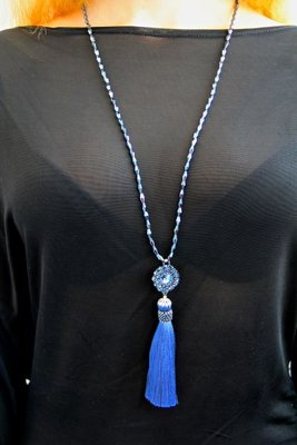 Кулон синій з китицею та кристалами "Герцогиня" 1194 фото